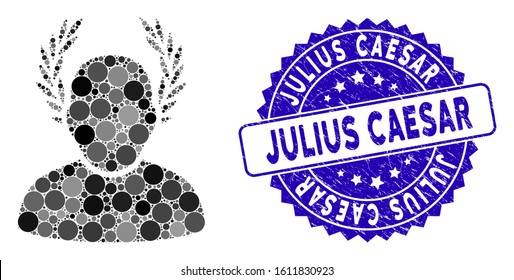 Mosaic caesar icon and grunge stamp seal with Julius Caesar phrase. Mosaic vector is composed with caesar icon and with scattered round spots. Julius Caesar stamp seal uses blue color,
