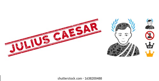 Mosaic caesar wreath pictogram and red Julius Caesar stamp between double parallel lines. Flat vector caesar wreath mosaic pictogram of random rotated rectangle elements.