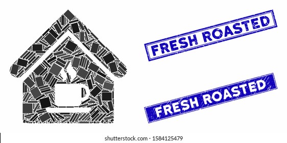 Mosaic cafe house icon and rectangle Fresh Roasted rubber prints. Flat vector cafe house mosaic icon of scattered rotated rectangle items. Blue Fresh Roasted stamp imprints with grunged textures.