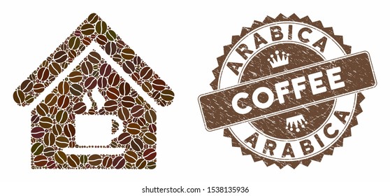 Mosaic cafe house and rubber stamp seal with Arabica Coffee caption. Mosaic vector cafe house is formed with seeds. Arabica Coffee stamp uses brown color.