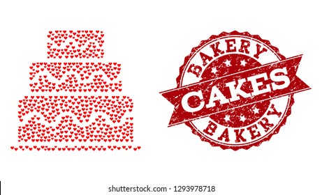 Mosaic cake designed with red love hearts, and isolated grunge seal. Composition for Valentines Day. Cake concept constructed with small randomized dating heart symbols.