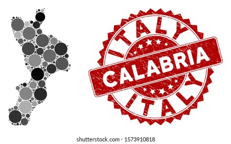 Mosaic Calabria region map and circle rubber print. Flat vector Calabria region map mosaic of random circle items. Red rubber seal with scratched style. Designed for political and patriotic promotion.