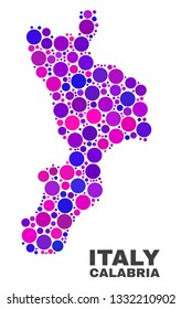 Mosaic Calabria region map isolated on a white background. Vector geographic abstraction in pink and violet colors. Mosaic of Calabria region map combined of scattered circle elements.