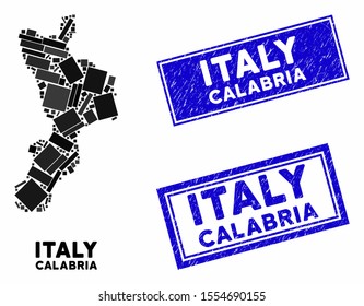 Mosaic Calabria region map and rectangular stamps. Flat vector Calabria region map mosaic of randomized rotated rectangular items. Blue caption stamps with distress textures.