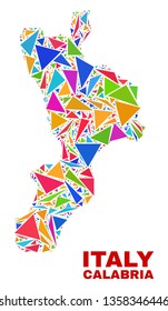 Mosaic Calabria region map of triangles in bright colors isolated on a white background. Triangular collage in shape of Calabria region map. Abstract design for patriotic illustrations.