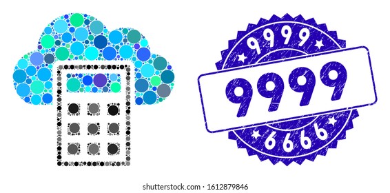 Mosaic calculation icon and distressed stamp seal with 9999 caption. Mosaic vector is designed from calculation icon and with scattered circle spots. 9999 stamp seal uses blue color,