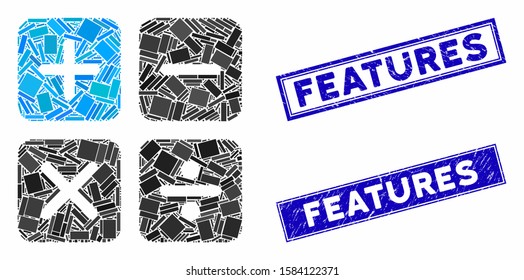 Mosaic calculator icon and rectangle Features rubber prints. Flat vector calculator mosaic icon of randomized rotated rectangle elements. Blue Features seal stamps with grunge textures.