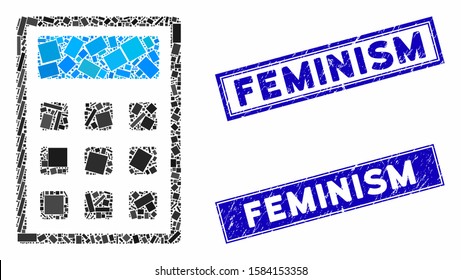 Mosaic calculator icon and rectangular Feminism rubber prints. Flat vector calculator mosaic icon of random rotated rectangular elements. Blue Feminism stamp imprints with grunge texture.