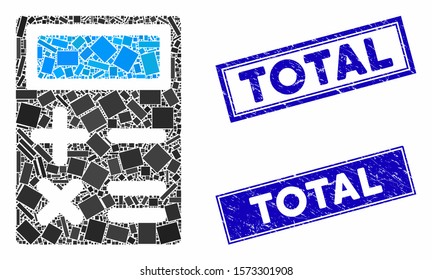 Mosaic calculator pictogram and rectangle Total rubber prints. Flat vector calculator mosaic pictogram of scattered rotated rectangle elements. Blue Total rubber stamps with distress texture.