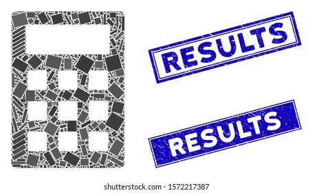 Mosaic calculator pictogram and rectangular Results seals. Flat vector calculator mosaic pictogram of scattered rotated rectangular items. Blue Results seals with grunged textures.