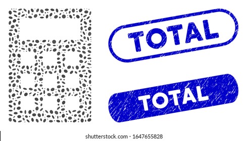 Mosaic calculator and rubber stamp seals with Total phrase. Mosaic vector calculator is designed with randomized ellipse pieces. Total stamp seals use blue color, and have round rectangle shape.