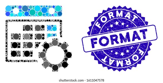 Mosaic calendar configuration icon and grunge stamp seal with Format phrase. Mosaic vector is created from calendar configuration icon and with random spheric spots. Format stamp uses blue color,