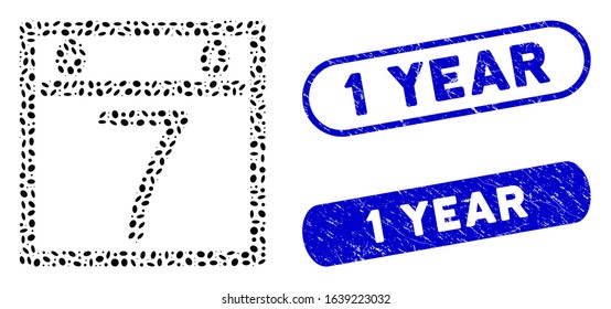 Mosaic Calendar and distressed stamp seals with 1 Year caption. Mosaic vector Calendar is composed with randomized ellipse items. 1 Year stamp seals use blue color, and have round rectangle shape.