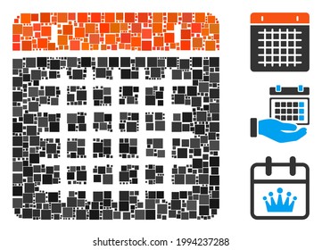 Mosaic Calendar icon constructed from square items in various sizes and color hues. Vector square items are arranged into abstract mosaic calendar icon. Bonus icons are placed.
