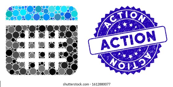 Mosaic Calendar Icon And Grunge Stamp Seal With Action Phrase. Mosaic Vector Is Composed From Calendar Icon And With Scattered Spheric Items. Action Stamp Seal Uses Blue Color, And Distress Design.