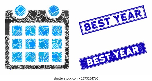 Mosaic calendar icon and rectangle Best Year seal stamps. Flat vector calendar mosaic icon of scattered rotated rectangle elements. Blue Best Year seal stamps with distress textures.