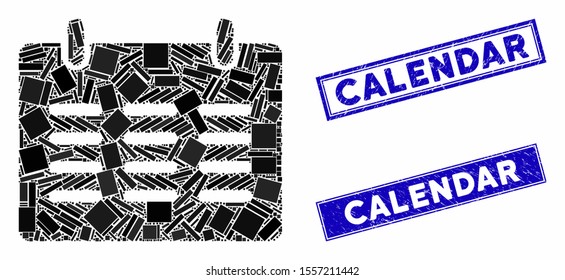 Mosaic calendar icon and rectangle seals. Flat vector calendar mosaic icon of randomized rotated rectangle elements. Blue caption rubber seals with distress surface.