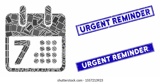 Mosaic calendar icon and rectangle seals. Flat vector calendar mosaic icon of randomized rotated rectangle items. Blue caption watermarks with distress textures.