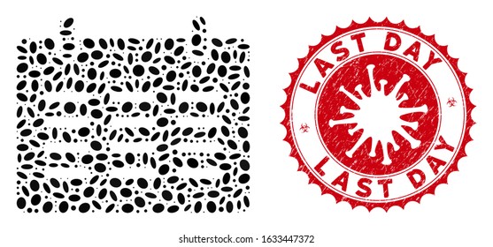 Mosaic calendar icon and red round rubber stamp watermark with Last Day caption and coronavirus symbol. Mosaic vector is formed with calendar icon and with random oval elements.