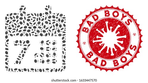 Mosaic calendar icon and red rounded rubber stamp seal with Bad Boys caption and coronavirus symbol. Mosaic vector is designed with calendar icon and with random elliptic items.
