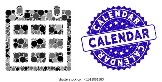 Mosaic calendar icon and rubber stamp seal with Calendar caption. Mosaic vector is formed with calendar icon and with random circle spots. Calendar stamp seal uses blue color, and grunged design.