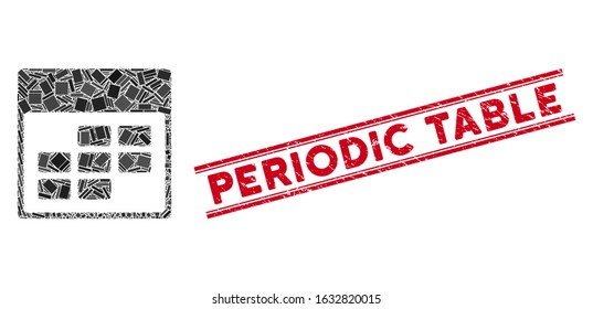 Mosaic calendar month grid icon and red Periodic Table stamp between double parallel lines. Flat vector calendar month grid mosaic icon of scattered rotated rectangular items.