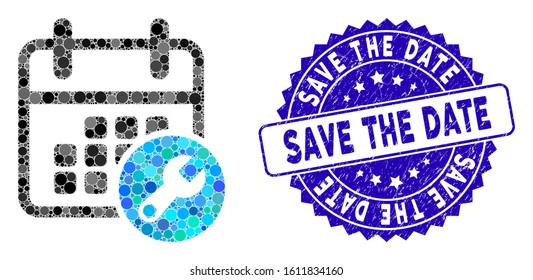 Mosaic calendar setup icon and corroded stamp watermark with Save the Date text. Mosaic vector is composed with calendar setup icon and with random round items.