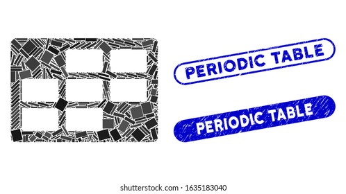 Mosaic calendar table and corroded stamp watermarks with Periodic Table caption. Mosaic vector calendar table is created with randomized rectangle items. Periodic Table stamp seals use blue color,