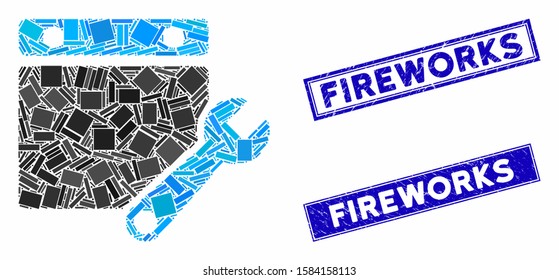 Mosaic calendar tuning icon and rectangular Fireworks rubber prints. Flat vector calendar tuning mosaic icon of randomized rotated rectangular items. Blue Fireworks rubber seals with rubber texture.