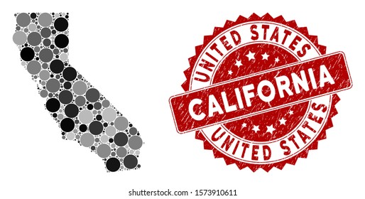 Mosaic California map and round stamp. Flat vector California map mosaic of random spheric elements. Red rubber stamp with distress texture. Designed for political and patriotic propaganda.