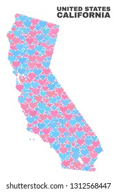 Mosaic California State map of love hearts in pink and blue colors isolated on a white background. Lovely heart collage in shape of California State map. Abstract design for Valentine decoration.