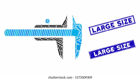 Mosaic calipers pictogram and rectangle Large Size seal stamps. Flat vector calipers mosaic pictogram of random rotated rectangle elements. Blue Large Size stamps with distress surface.