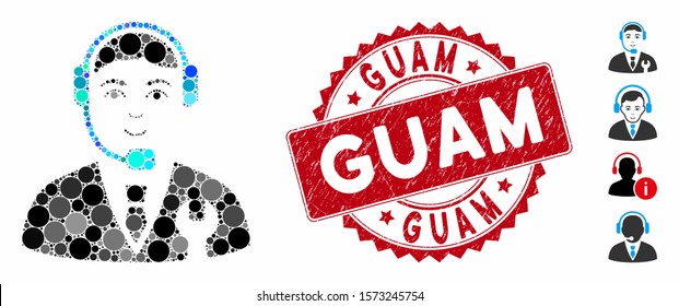 Mosaic call center boss icon and corroded stamp seal with Guam caption. Mosaic vector is formed from call center boss icon and with randomized round elements. Guam stamp uses red color,