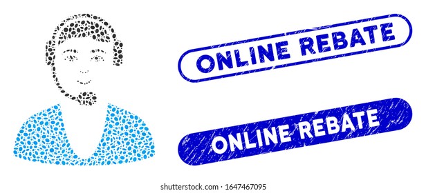 Mosaic call center guy and rubber stamp seals with Online Rebate phrase. Mosaic vector call center guy is designed with random ellipse parts. Online Rebate stamp seals use blue color,