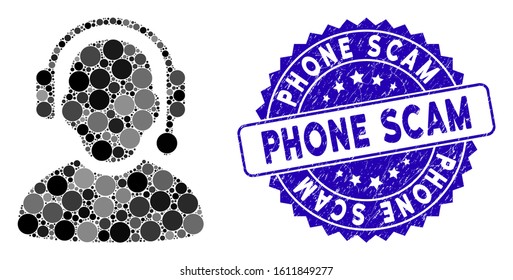Mosaic call center icon and rubber stamp seal with Phone Scam caption. Mosaic vector is composed with call center icon and with scattered round spots. Phone Scam stamp uses blue color,