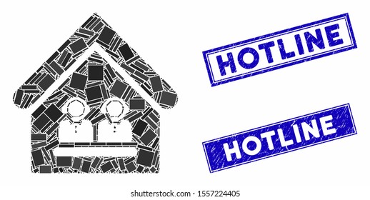 Mosaic call center office icon and rectangular seal stamps. Flat vector call center office mosaic icon of scattered rotated rectangular items. Blue caption seal stamps with dirty textures.
