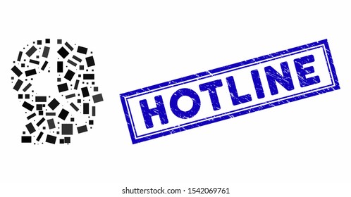 Mosaic call center operator and distressed stamp watermark with Hotline text. Mosaic vector call center operator is composed with random rectangle items. Hotline stamp seal uses blue color.