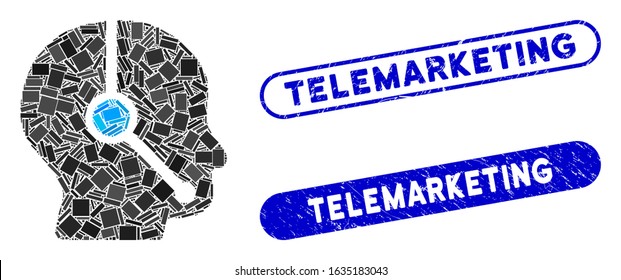 Mosaic call center operator and distressed stamp seals with Telemarketing text. Mosaic vector call center operator is created with random rectangle items. Telemarketing stamp seals use blue color,