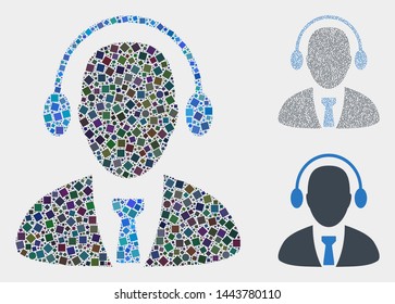 Mosaic Call center operator icon organized from spheric and square items in random sizes, positions and proportions.