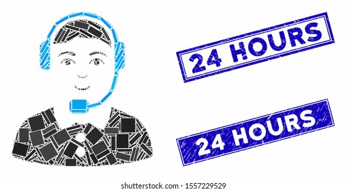 Mosaic call center operator icon and rectangle seal stamps. Flat vector call center operator mosaic icon of randomized rotated rectangle elements. Blue caption rubber stamps with rubber textures.