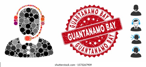 Mosaic call center operator icon and distressed stamp watermark with Guantanamo Bay text. Mosaic vector is created with call center operator icon and with randomized spheric spots.