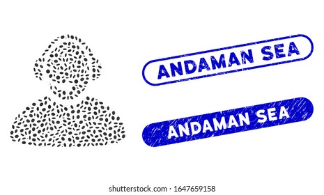 Mosaic call center operator and rubber stamp seals with Andaman Sea caption. Mosaic vector call center operator is created with scattered oval elements. Andaman Sea stamp seals use blue color,
