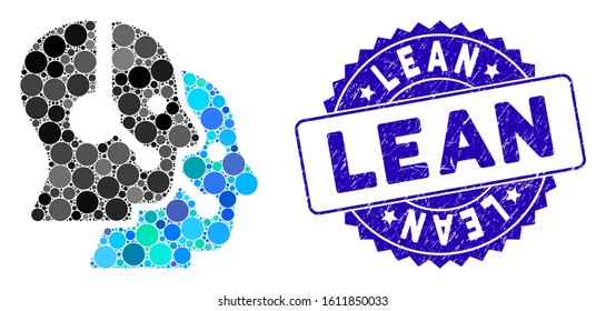 Mosaic call center operators icon and grunge stamp watermark with Lean phrase. Mosaic vector is created with call center operators icon and with random circle elements. Lean stamp uses blue color,