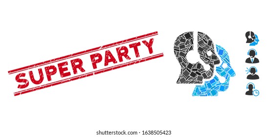 Mosaic call center operators icon and red Super Party seal between double parallel lines. Flat vector call center operators mosaic icon of random rotated rectangle elements.