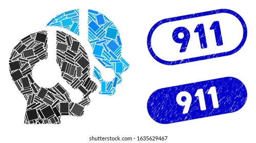 Mosaic call center operators and rubber stamp seals with 911 text. Mosaic vector call center operators is designed with scattered rectangle items. 911 seals use blue color,