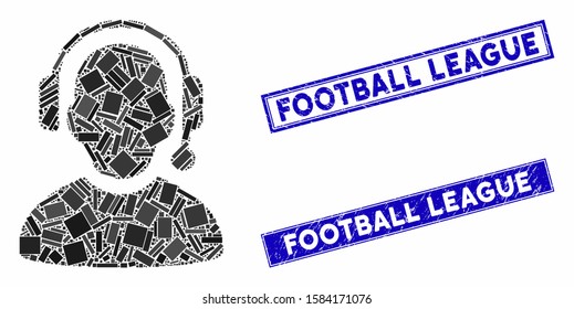 Mosaic call center pictogram and rectangle Football League stamps. Flat vector call center mosaic pictogram of scattered rotated rectangle items.