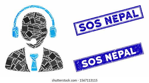 Mosaic call center pictogram and rectangular seal stamps. Flat vector call center mosaic pictogram of random rotated rectangle items. Blue caption stamps with corroded textures.