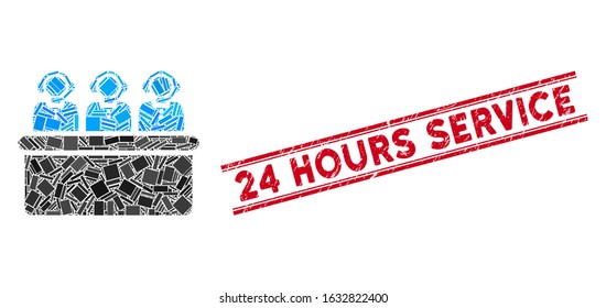 Mosaic call center pictogram and red 24 Hours Service watermark between double parallel lines. Flat vector call center mosaic pictogram of random rotated rectangle items.