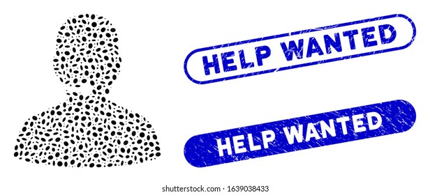 Mosaic call center and rubber stamp seals with Help Wanted caption. Mosaic vector call center is created with scattered oval spots. Help Wanted stamp seals use blue color,