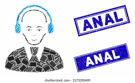 Mosaic call center worker icon and rectangle Anal seal stamps. Flat vector call center worker mosaic icon of random rotated rectangle items. Blue Anal rubber stamps with distress textures.